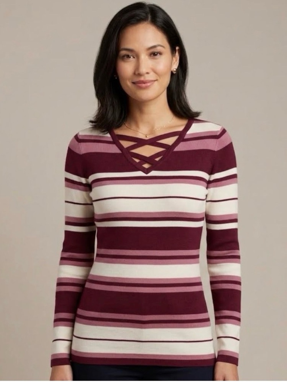 🇨🇦 URBANOLOGY - Striped Crisscross V-Neck Sweater - Burgundy & Cream